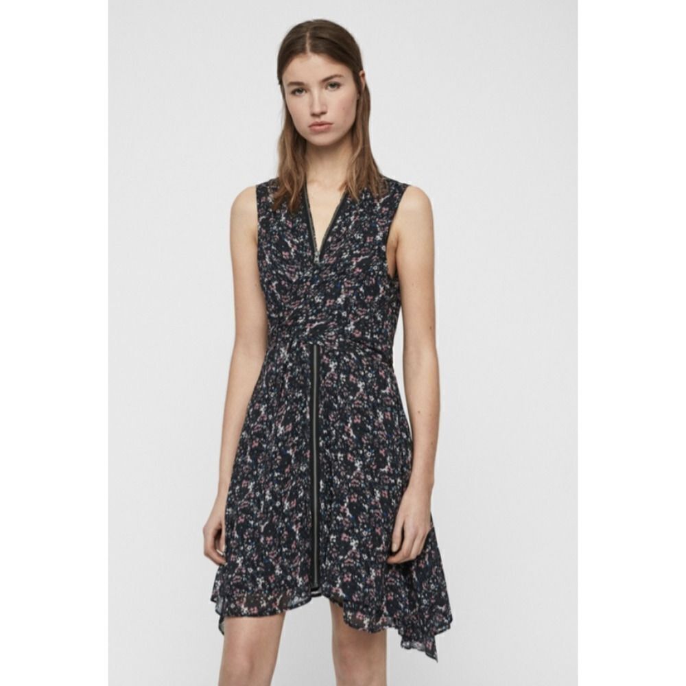 AllSaints‎ Womens Floral Rocker Chic Zipper V Neck Dress Sz XS Black Pink Jayda